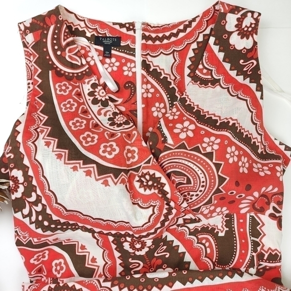 New Talbots Cream Red Brown Patterned Belted Dress Sz 12p - Picture 7 of 16